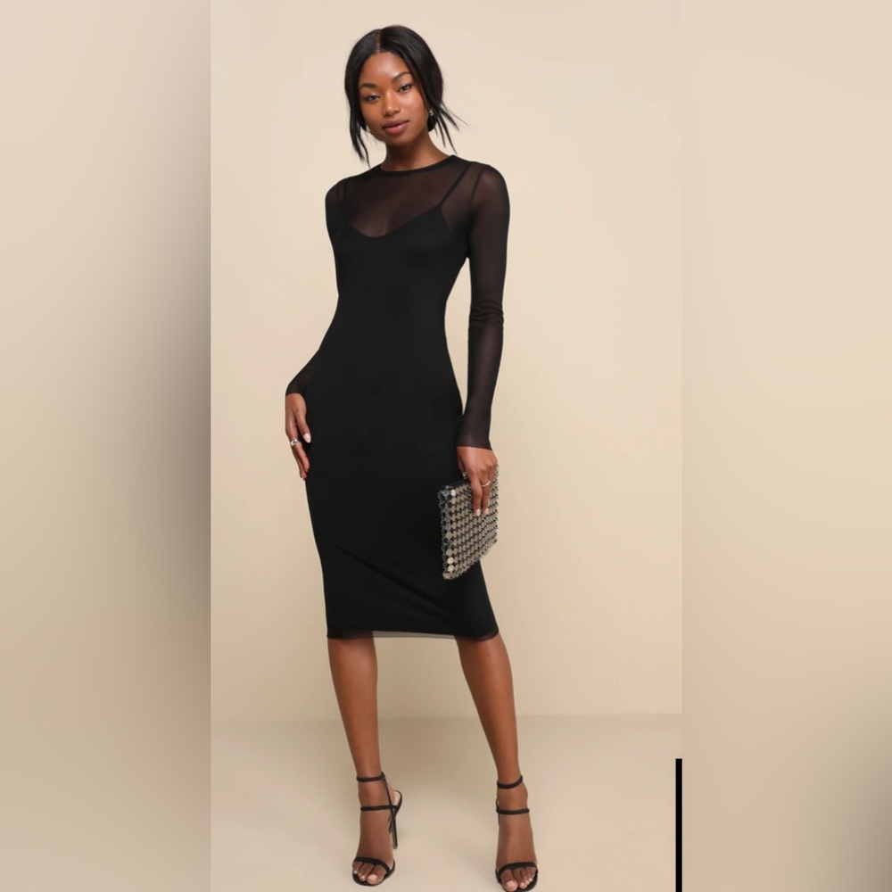 Perfect Plans Black Sheer Mesh Long Sleeve Bodycon Midi Dress